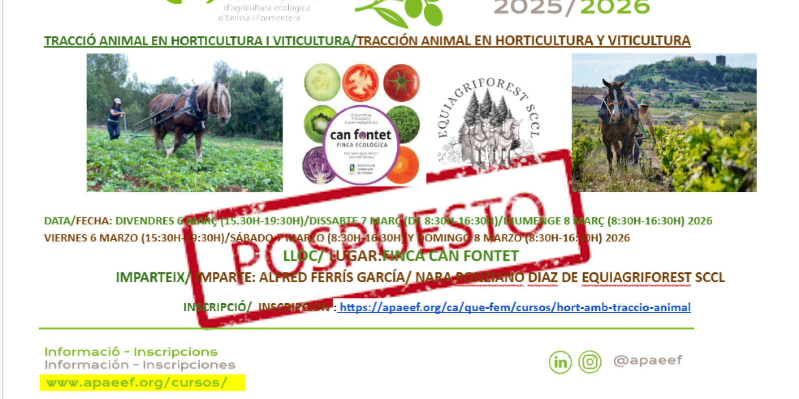 CAMBIO DE FECHA DEL CURSO "TRACCIÓN ANIMAL" POR MOTIVOS METEREOLÓGICOS PARA EL 27/28/29 MARZO 2026